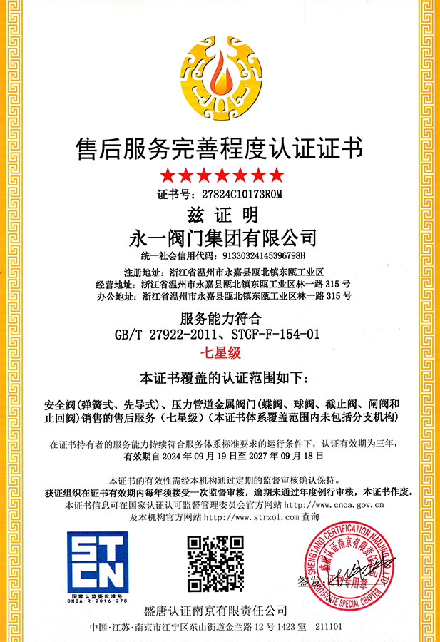 售后服务完善程度证书（英文）